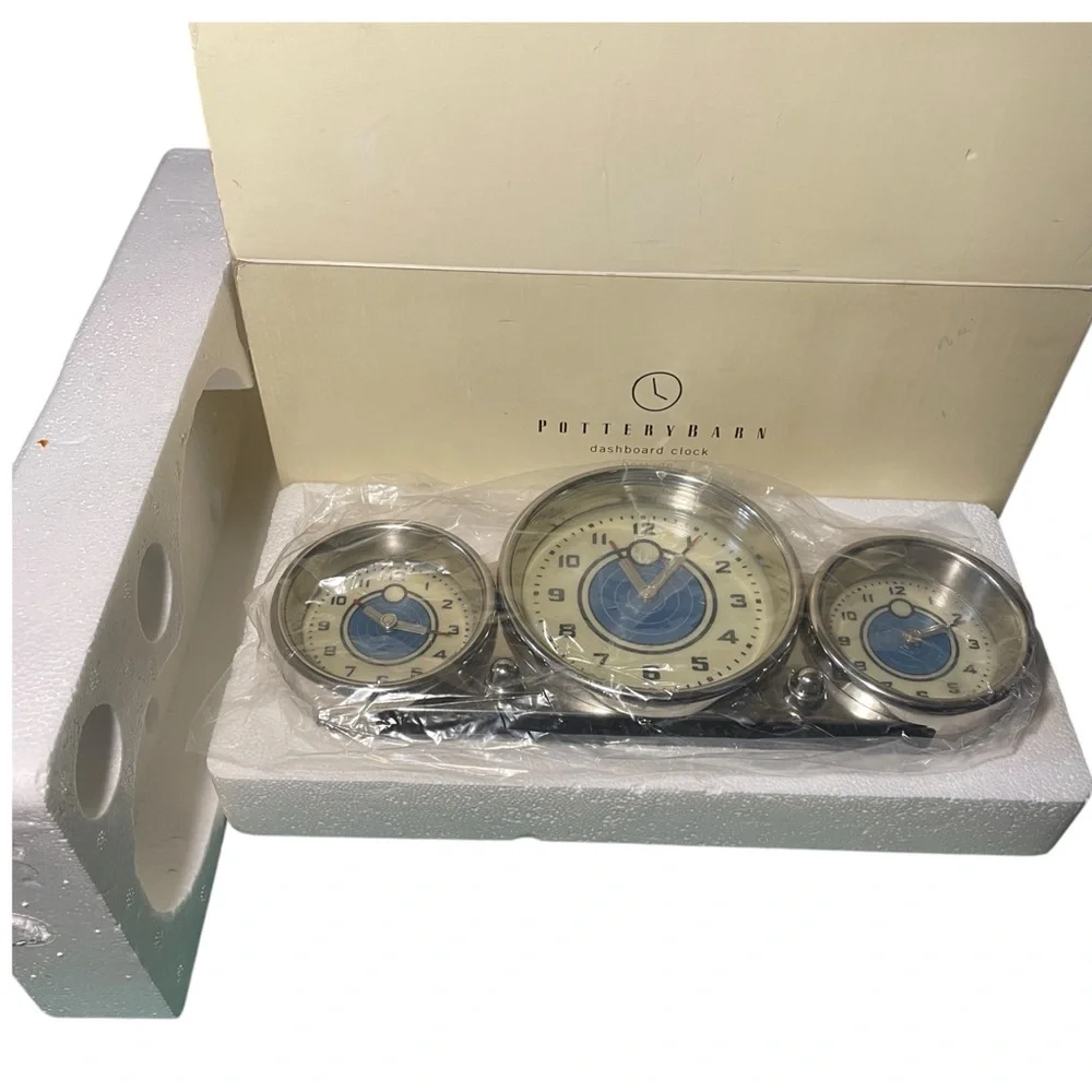 Pottery Barn Triple Face Dashboard Clock Nickel Finish Original Box & Packing - Picture 10 of 16
